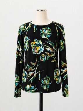Chico’s Tropical Floral Knit Top Long Sleeve Stretch Black Multicolor Size 0/S